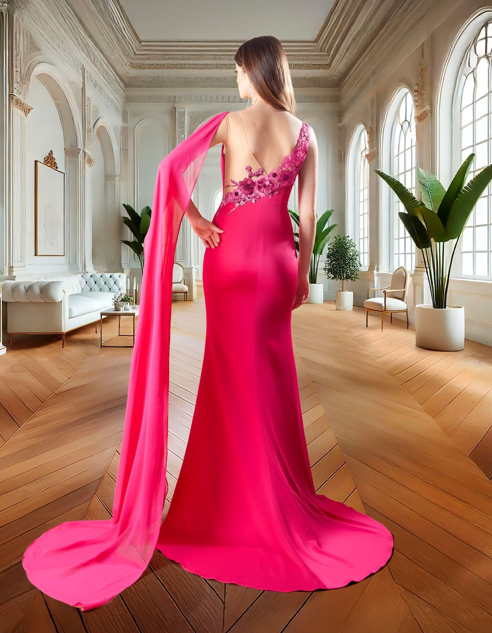 Vestido de fiesta con espalda de encaje en alquiler